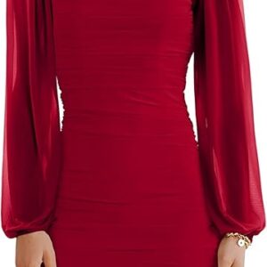Wenrine Women's Mesh Long Sleeve Square Neck Ruched Party Club