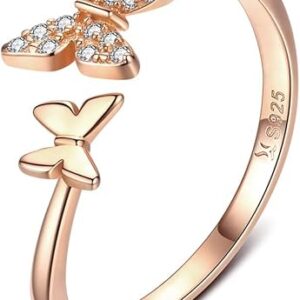 Sterling Silver Cute Butterfly Open Rings for Women Girls Adjustable Birthstone