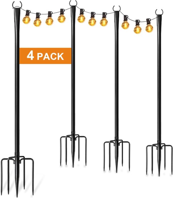 4 Pack 10Ft String Light Poles for Outside, Thickened Metal Lights Hanger Pole Outdoor with Fork, Lighting Hanging