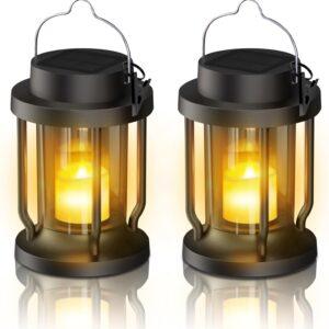 Solar Lantern Outdoor Indoor Use – Hanging Solar Lights with Realistic Flickering Flameless Candle,