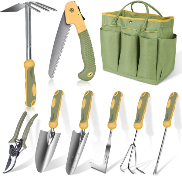 Garden Tool Set, WisaKey 9 Piece Stainless Steel Heavy Duty Green Gardening Tools