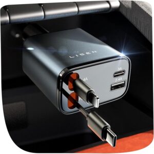 LISEN Retractable Car Charger, 69W USB C Car Accessories Adapter for iPhone 16 USB C Charger