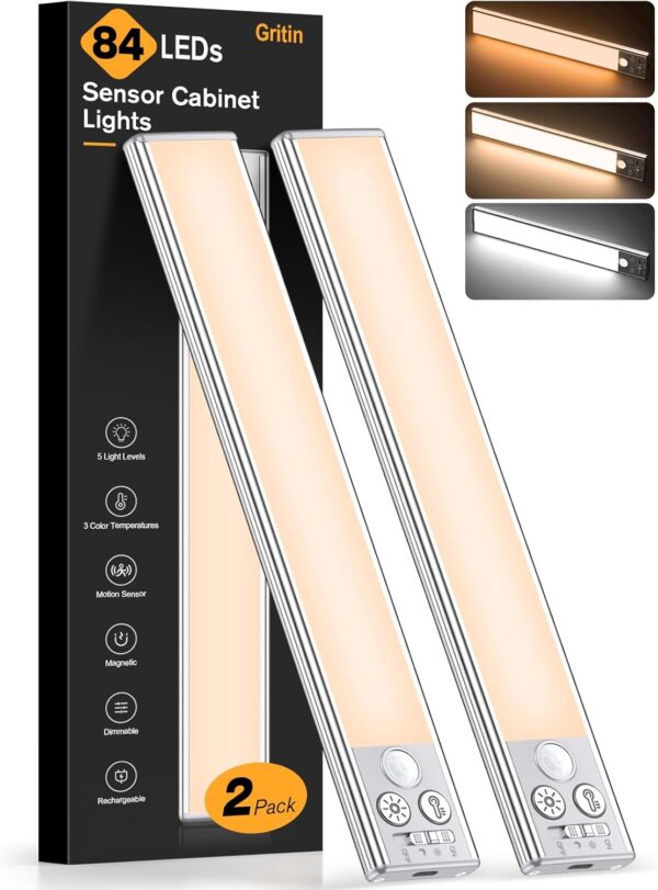 Gritin Under Cabinet Lighting- 84 LED Super Bright,3-Color & 5-Brightness,4 Modes,Motion Sensor,