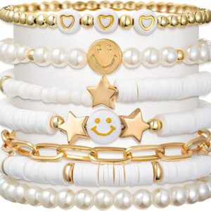 Preppy Bracelets Set Colorful White Gold Smile Heart Star Polymer Beaded Pearl Clay Stackable Charm