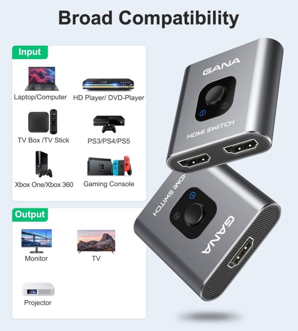 HDMI Switch 4k@60hz Splitter, GANA Aluminum Bidirectional HDMI Switcher 2 in 1 Out, - Image 2