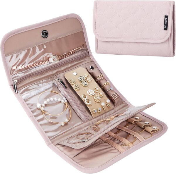 BELALIFE Travel Jewelry Case Organizer, Foldable Storage Roll for Earrings, Necklaces, Rings,