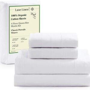 LANE LINEN Eco Friendly 100% Organic Cotton Queen Sheet Set, Soft & Comfy Fully Elasticized 15"