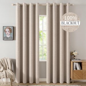 MIULEE 100% Blackout Linen Textured Curtains for Bedroom Solid Thermal Insulated Natural Beige Grommet Room Darkening Curtains