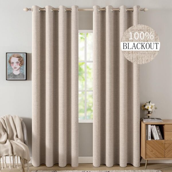 MIULEE 100% Blackout Linen Textured Curtains for Bedroom Solid Thermal Insulated Natural Beige Grommet Room Darkening Curtains