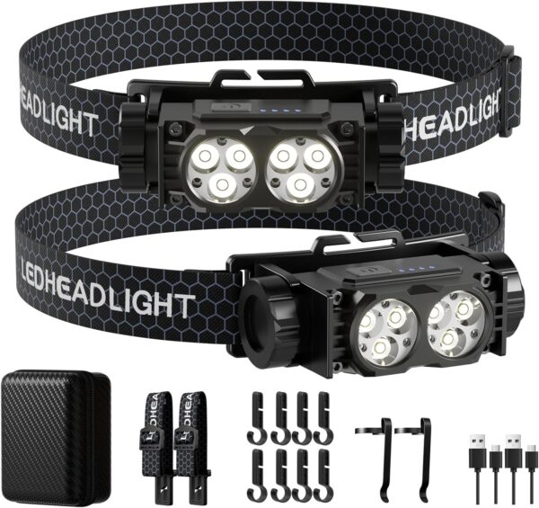 Headlamp Rechargeable 2PCS, 4500 Lumen Ultra-Light Bright LED Rechargeable Headlight