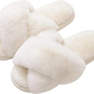 Evshine Women's Fuzzy Slippers Cross Band Memory Foam House Slippers Open Toe