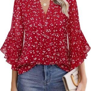 Timeson Women's 3/4 Sleeve Tops Dressy Casual Business Work Blouses Chiffon Office Shirts