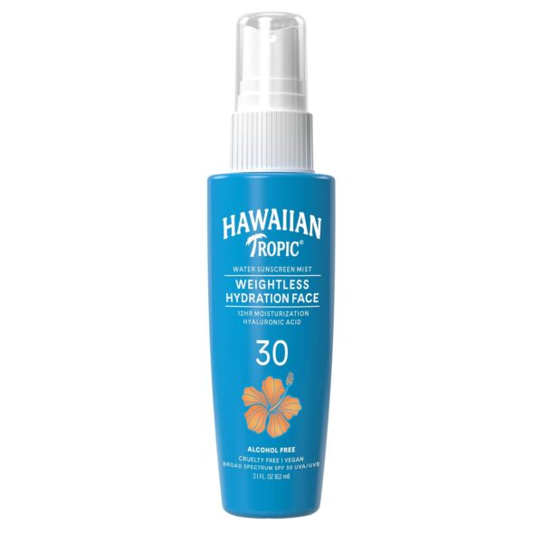Hawaiian Tropic Weightless Hydration Water Sunscreen Mist for Face SPF 30 | Non-Aerosol Sunscreen Spray Travel Size,