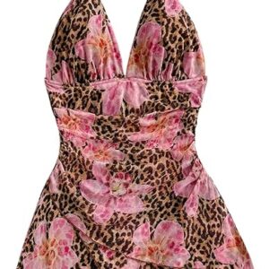 Women's Floral Print Sleeveless Halter Deep V Tie Mini Dress Ruched Backless
