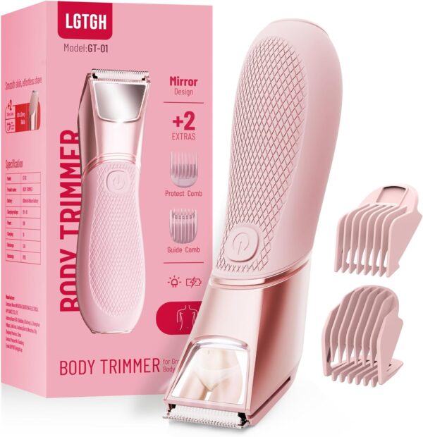 Bikini Trimmer for Women: Mirror Electric Shaver for Body Pubic Hair with LED Light, IPX7 Waterproof