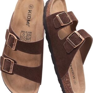 KIDMI Women's Genuine Suede Sandals Cork Footbed Summer Adjustable Slide Sandals