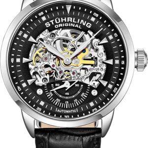 Stuhrling Original Mens Automatic Skeleton Watch - Black Leather Strap,